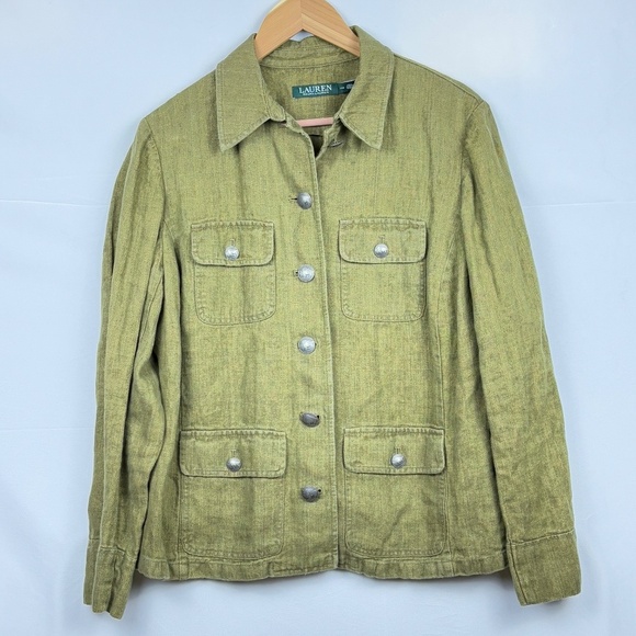Lauren Ralph Lauren Women 100%  Linen Button Jacket Sz 14W Nature Beach Military - Picture 1 of 11